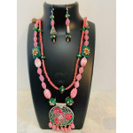 CBHJ65 Pink and green double strand beads with enamel pendant