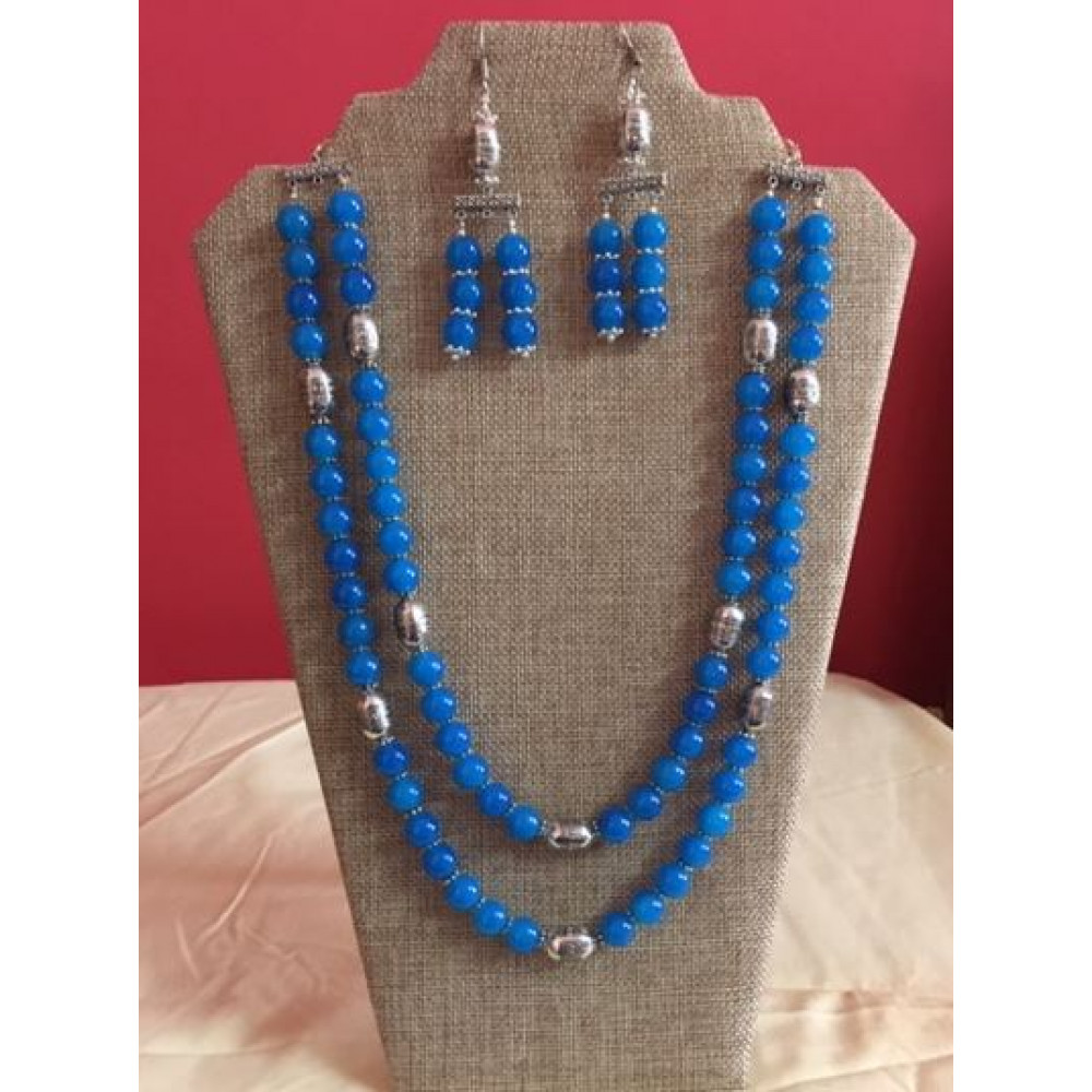 CBHJ68 Bright blue beads with silver double strand necklace