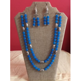 CBHJ68 Bright blue beads with silver double strand necklace