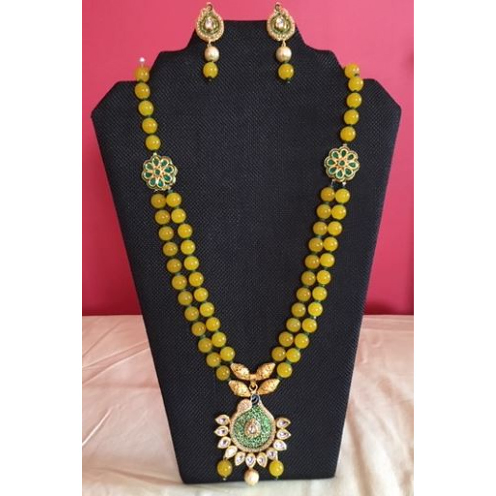 CBHJ71 Yellow beads double strand with antique meenakari pendant